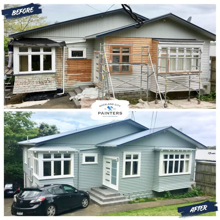 A before and after of a bungalow house in Remuera painted by Auckland City Painters 768x768