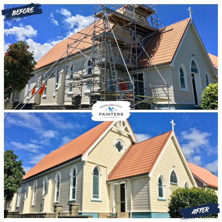 A before and after of a church in Helensville painted by Auckland City Painters 768x768